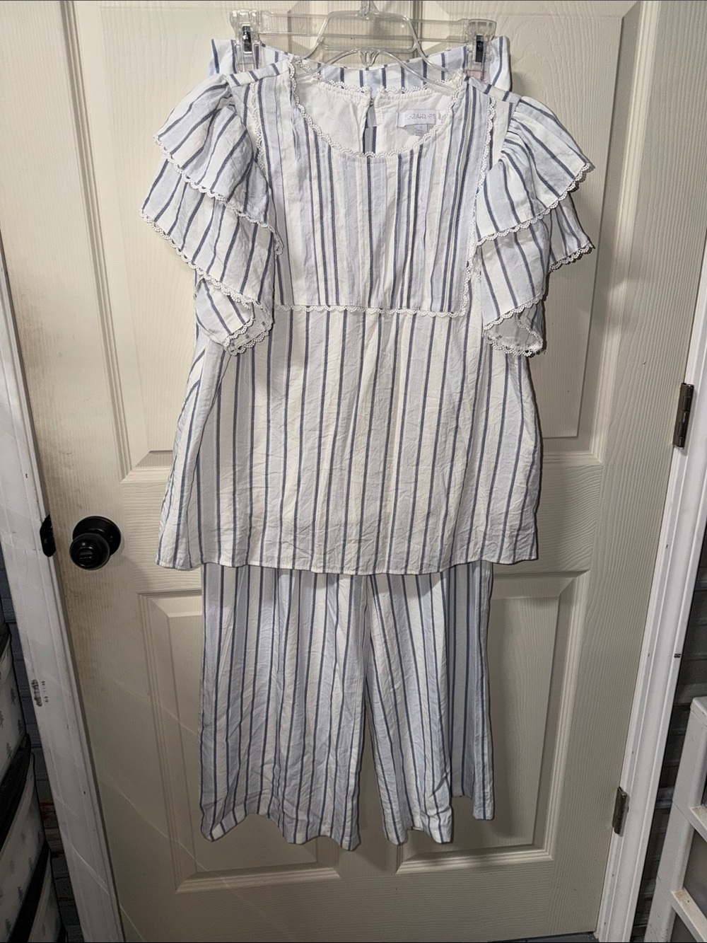 Striped Ruffle Sleeve Two-Piece Set - White & Blue